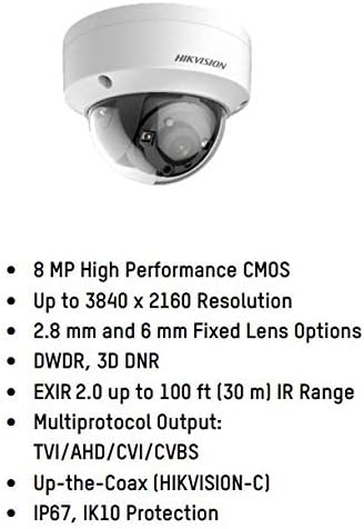 HikVision DS-2CE57U1T-VPITF 2.8 ממ טורבו 8MP מצלמת כיפה אנלוגית חיצונית עם עדשה קבועה של 2.8 ממ, חיבור BNC