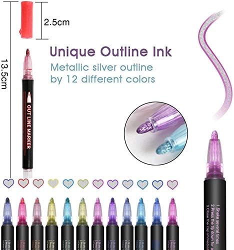 נוקו מתאר סמנים מתכתיים, סמני עט של מתאר קו כפול, 12 יח 'עטים לצבע שימר קסמים לילדים מבוגרים