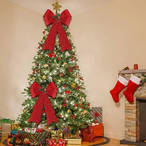 מקיאסט 2 חבילה קשתות חג מולד אדומות קשתות חג המולד זרי זר קשתות עם פינקונים לקישוטי עץ חג המולד קובעים קישוטים מקורה של אאוטור, 12X18