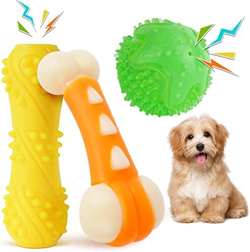 צעצועים לעיסה של כלבים לעיסה אגרסיביים - צעצועי עצם כמעט בלתי ניתנים להריסה - צעצועי כלבים של כדור חורק - צעצועי גומי עמידים אינטראקטיביים