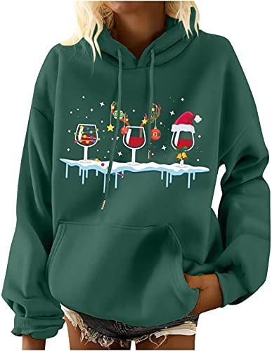 נשים של רופף יין זכוכית הסווטשרט חג המולד חידוש מודפס שרוך סוודר חולצות ארוך שרוול סווטשירט