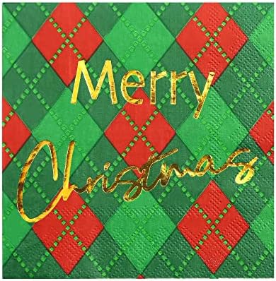 מפיות לחג המולד ירוק משובץ נייר - 50 PK - זהב 3 שכבות חג המולד מפיות מפיות 5x5 אינץ 'מפיות מסיבות מפיות משקאות חד פעמי