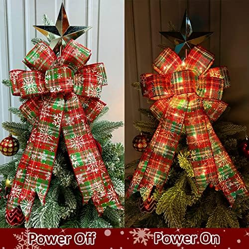 2 חבילות מקדימות קשתות לחג המולד עם 20 אורות חמים סוללה המופעלת 11 x 20 גדול של באפלו משובץ פתית שלג חג המולד עץ זר זר גרלנד קישוט חג