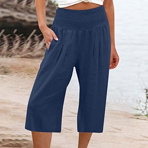 מכנסי עבודה נוחים לנשים צבעים מזדמנים מותניים גבוהים מזדמנים מכנסיים של שבע נקודות עם כיסים מכנסי פשתן המותניים