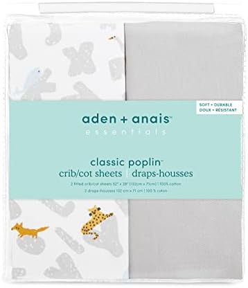 עדן + Anais Essentials סט מצעי עריסה 3 חלקים וגיליונות עריסה פופלין עם 2 חבילות, בעלי חיים אלפבית