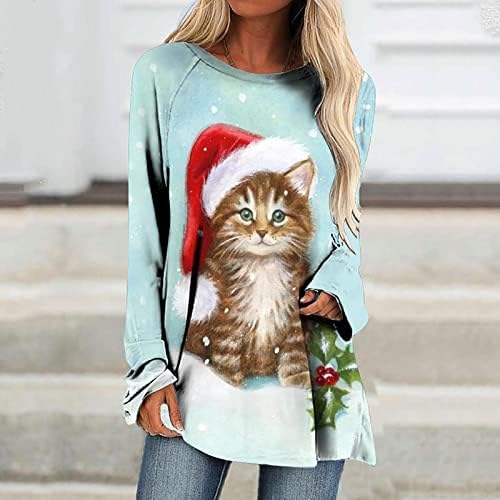 נשים חולצות טוניקת חולצה חג המולד לחתוך חתול גרפי הדפסת גדול ארוך שרוול צוות צוואר חג המולד בסוודרים סווטשירט