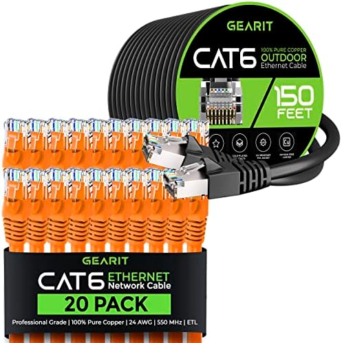 Gearit 20pack 5ft Cat6 כבל אתרנט וכבל Cat6 150ft