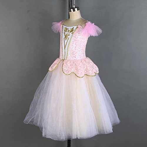 N/A Ballerina רומנטי טוטו ורוד נצנץ עליון עם 360 מעלות טול נשים ריקוד בלט ללבוש לבוש ארוך