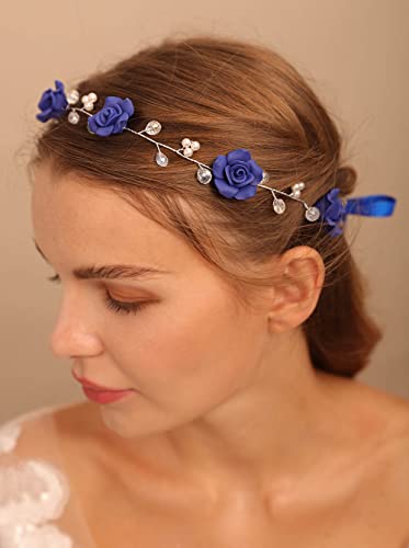 טייגלן נשים כלה חתונה כחול גבישי סרט שיער גפן בעבודת יד כלה חיל הים כחול פרח סרט חתונה שיער אביזרי כלות שיער חתיכות ילדה כיסויי ראש לנשים