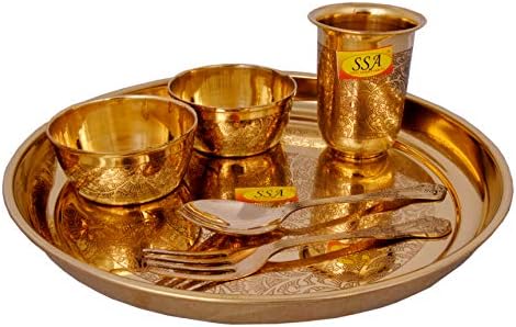 Shiv Shakti Arts ארוחת פליז טהור סט תלי מגיש אוכל, כלי שולחן - כלי אוכל - זהב