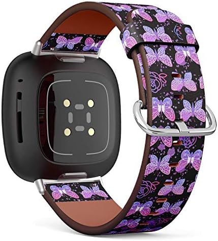 רצועת שעון עור חלופית של שעועית Q, תואמת את Fitbit Versa 3/4 ו- Fitbit Sense/Sense 2 - פרפרים פנטזיה ורדים דפוס חלל