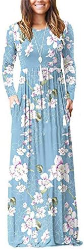 שמלת מקסי ארוכה מודפסת פרחונית מזדמנת של נשים אנגונוול עם כיסים להדפיס שרוול ארוך שמלות רופפות