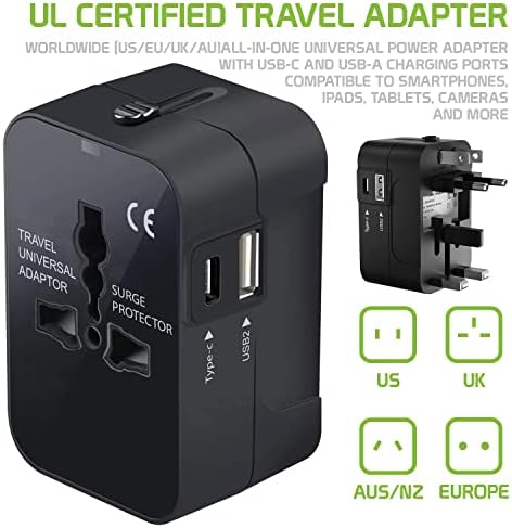Travel USB פלוס מתאם כוח בינלאומי תואם ל- Gionee GPAD G5 עבור כוח ברחבי העולם לשלושה מכשירים USB Typec, USB-A לנסוע בין ארהב/איחוד האירופי/AUS/NZ/UK/CN