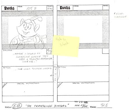 לוח תכנון הפקה מקורי של מלחמת הכוכבים איווקס מלוקאספילם ונלבנה 1985-6 עמ ' 92ב