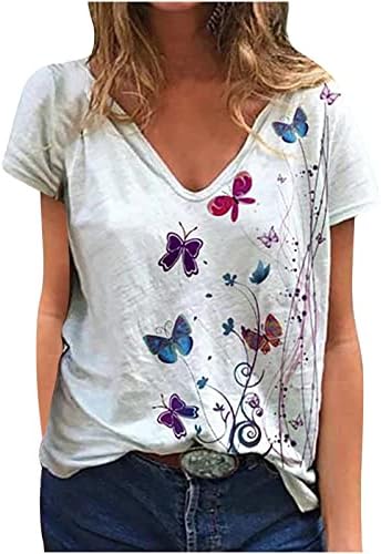 חולצות בנות פרפר פרחוני גרפי גרפי נינוח צמרות חולצות טשירט עם שרוול קצר סטרץ 'ספנדקס סתיו חולצות קיץ ZP
