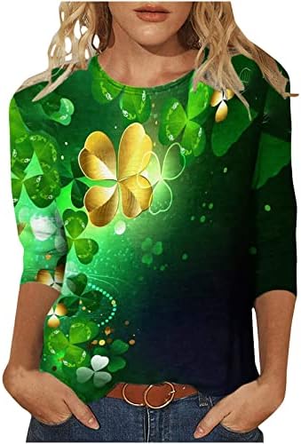 נשים יום פטריק הקדוש תלתן גרפי טרנדי חולצת טי 3/4 שרוול צווארון עגול מתגנדר מקרית טוניקת חולצות חג יוצא ירוק חולצות