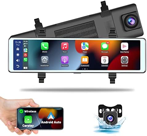 מצלמת מקף מקף מראה 11.26 אינץ 'עם Apple CarPlay Android Auto, מסך מגע 1080p תצוגה קדמית ואחורית מצלמות כפולות 2 מסך מפוצל, הקלטת לולאת
