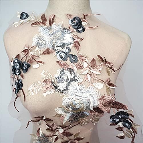 PDGJG חום פרחים רקומים עלים ענף אפליקציות בד שמלת כלה תחרה תחרה צווארון רשת תפירה לרשת לקישוט DIY לשמלה