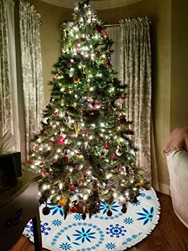 חצאיות עץ חג המולד xollar גדולות 48 פתית שלג כחולה של פייזלי, קישוטים לחג המולד חיצוניים חיצוניים מחצלת עץ לחופשת חורף השנה החדשה עם גדילים