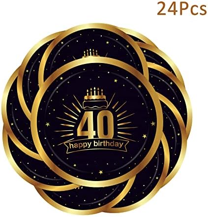 Oxylipo 24 יחידות 9 אינץ 'צלחות יום הולדת 40 סנטימטרים צלחות נייר עגולות זהב שחור לציוד למסיבות יום הולדת 40, קישוטים ליום הולדת לגברים