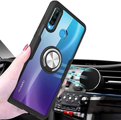 מארז טלפוני עבור Huawei P30 Lite עם מגן מסך זכוכית מחוסמת כיסוי ברור ומחזיק טבעת מעמד מגנט