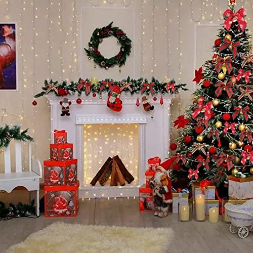 Tarklanda 40 יח 'קשתות סרט קשת לחג המולד לעץ חג המולד, אדום ירוק באפלו משובץ קשת פעמוני פתית שלג לחג המולד של עץ חג מולד מתנות מתנות לקישוט