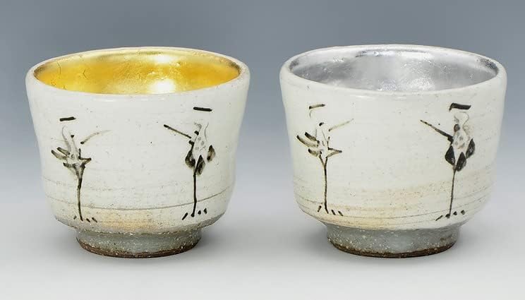Kyo-Yaki. סט של 2 כוסות גווינומי יפניות מנוף זהב וכסף. קופסת עץ. קֵרָמִי.
