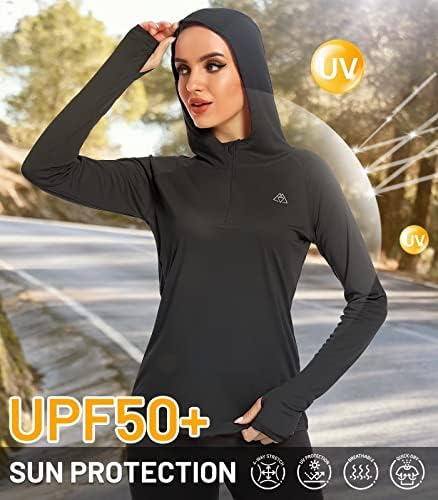 חולצות שמש של היימונט לנשים שרוול ארוך הגנה על UV נשים SPF קפוצ קפוצ'ון UPF 50+ חולצת ריצה חיצונית נושמת