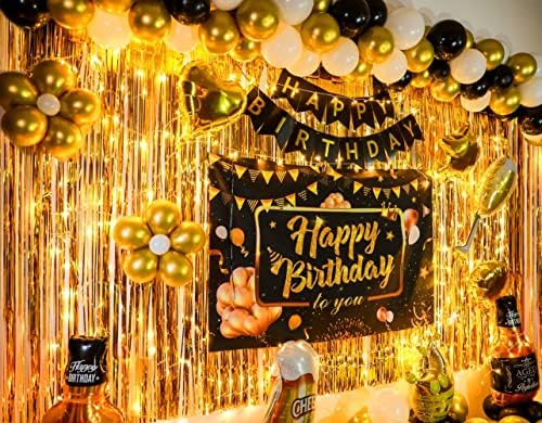קישוט מסיבת יום הולדת של Figepo לגברים וילונות זהב באנר תפאורת יום הולדת ובלונים סט אספקה ​​של מסיבות מיתרים לגברים ונשים מסיבת יום הולדת