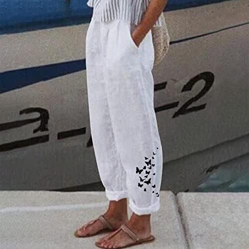 מכנסי תערובת פשתן לנשים כושר רופף בהדפסת פרפר קיץ מכנסי חוף מותניים אלסטיים מכנסיים רופפים רופפים עם כיסים