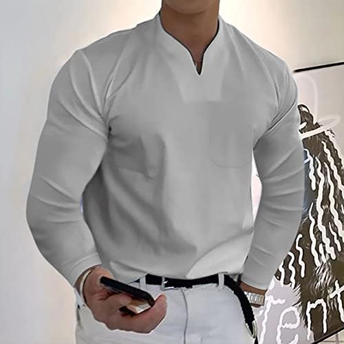 WOCACHI גברים V Neck חולצות הנלי שרוול ארוך, 2023 שרירים רזים מתאימים לעסקים מזדמנים חולצת טריקו צווארון עם כיס