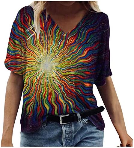 צמרות קיץ נשים 2023 V חולצת שרוול קצרה של צוואר אימון פרחוני אימון חולצות טרנדיות טרנדיות טייז מזדמנים פלוס חולצה בגודל