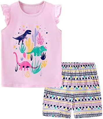 בגדי ילדים סט כותנה סרוגה עם שרוולים קצרים דפוס דינוזאור חמוד חליפת בנות קיץ