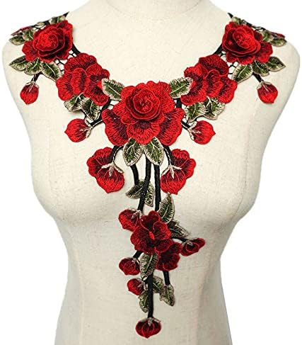 פפרלוני 1 מחשב 3D 3D עלי ורד אדום עלים רקומים אפליקציות לחתונה צווארון תפור על טלאים לקישוט שמלות כלה DIY מלאכת תפירה, 40 x 30 סמ
