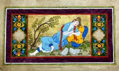 ציור מיניאטורי עבודות אמנות פרסי משי משי משורר צעיר בעבודת יד 9.2x5