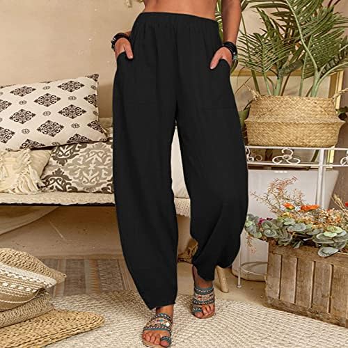 מכנסי פשתן כותנה לנשים, מותניים גבוהים ברגל רחבה פלאצו באורך מלא מכנסיים ארוכות יוגה מכנסיים עם כיסים
