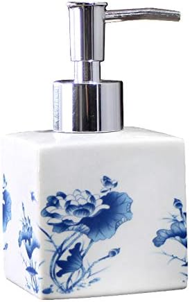 מתקן סבון קרם קרם, מתקן סבון קרמי קרמיקה עם משאבה למשרד לחדר אמבטיה ומטבח, וינטג 'כחול -לבן חרסינה פרחוני בקבוק נוזל דקורטיבי פרחוני