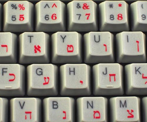 תוויות מקלדת עברית פריסה עם כיתוב אדום על רקע שקוף לשולחן עבודה, מחשב נייד ומחברת