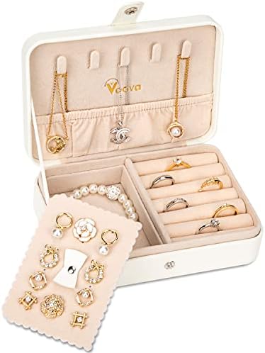 קופסת מארגן תכשיטים קטנים של VOOVA, מארז תכשיטים לנשים לנשים נערות נוער, מיני פו עור תכשיטים ניידים קופסאות אחסון מחזיק עם צלחת עגילים