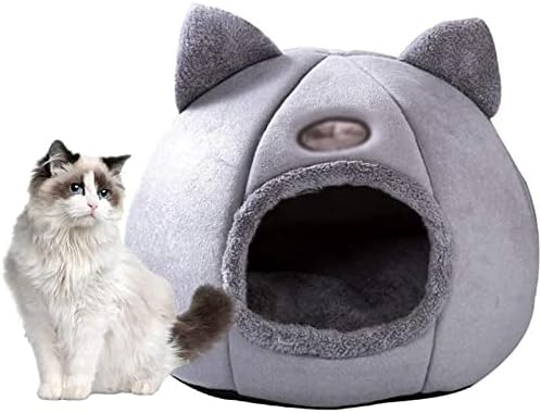 מיטת אוהל מיטת חתול קטיפה של שיאוג ' יאלין, 2 ב-1 מתקפל חצי סגור,עם כרית רכה מיטת מערה עגולה מיטת חתול מחמד לחתולים וכלבים קטנים,תחתית