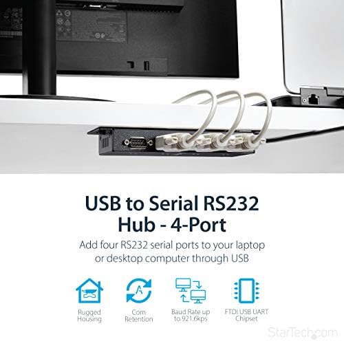 Startech.com 4 יציאה USB למתאם RS232 סידורי - הר קיר - DIN מסילה - שימור נמל COM - FTDI USB ל- DB9 RS232 Hub