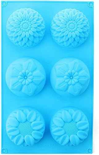 Akoak 6-Vavity Silicone צורת פרח תבניות סבון סבון חרצית חמניות מגוונות צורות פרחים שוקולד עוגת ביסקוויט מאפין סיליקון, 1 חתיכות, צבע אקראי
