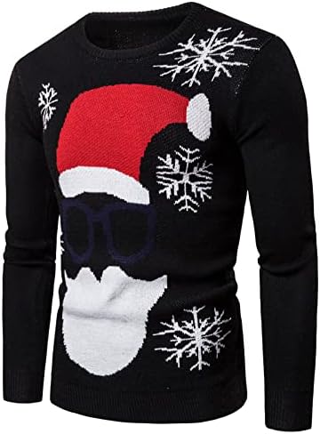 סוודר חג המולד של Beuu לגברים, חג המולד סנטה קלאוס גיאומטריה הדפסת צוואר צמר סרוג סוודר סרוג קזז