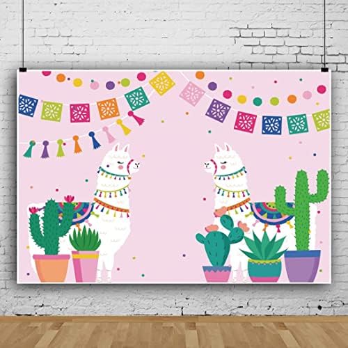 5 * 3 רגל הלמה רקע חמוד אלפקה מדבר קקטוס צבעוני נקודות ורוד צילום רקע מקסיקני פסטיבל ספקי צד ילדה מסיבת יום הולדת עוגת שולחן באנר מקסיקני
