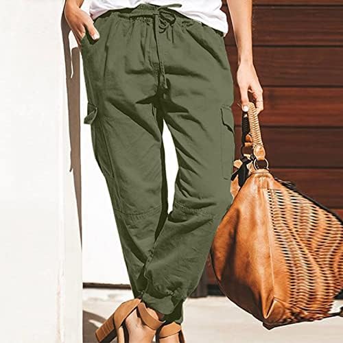 GRGE BEUU מכנסי צבע אחיד מזדמנים לנשים סרבלים מכנסי מגרש אופנה פשתן כותנה מכנסי טרנינג קצוצים עם כיס
