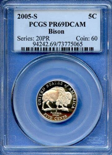 הוכחת 2005 S Jefferson Nickels - סט של 2 מטבעות - באפלו/ביזון ומערב ווטרס - מדורגים באופן מקצועי - PCGS PR69 DCAM - עמוק קמיע -